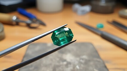 Jeweler examines emerald gemstone with tweezers on workbench with tools
