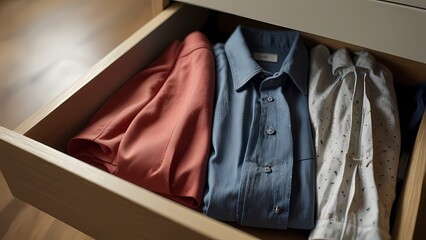 A stylish wardrobe features high-quality cotton shirts, business suits, and elegant dresses hanging on hangers, showcasing a diverse collection of fashion apparel and fabric for men and women at home