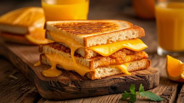 A stacked grilled cheese sandwich with melted cheddar on toasted bread, served with fresh orange juice for a comforting and satisfying breakfast or snack.