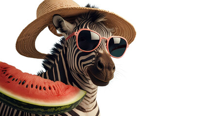 A wild striped zebra mammal with a big red apple in a safari nature wildlife illustration isolated on white