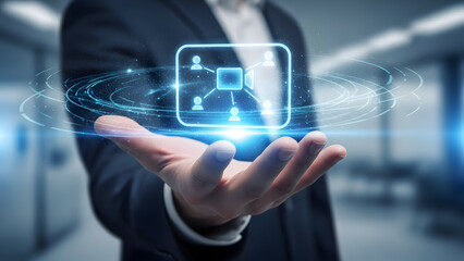 Businessman presenting futuristic digital network connection