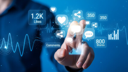 Person interacting with social media engagement metrics and graphs