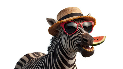 A wild striped zebra mammal with a big red apple in a safari nature wildlife illustration isolated on white