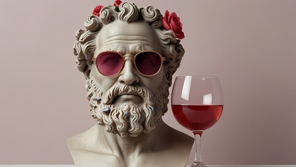 Ancient stone sculpture portrait of a man in a mask depicting a human head with cultural decoration