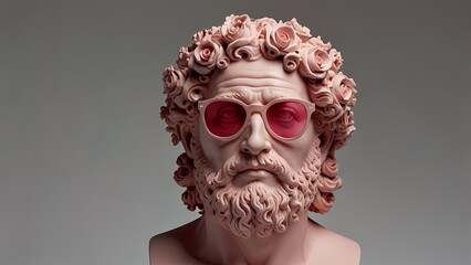 Ancient stone sculpture portrait of a man in a mask depicting a human head with cultural decoration