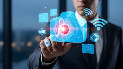 Businessman interacting with futuristic camera technology icons
