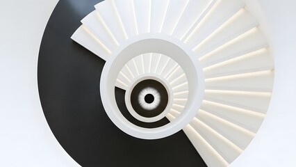Aerial view of a spiral staircase with white steps and black flooring in a modern architectural setting