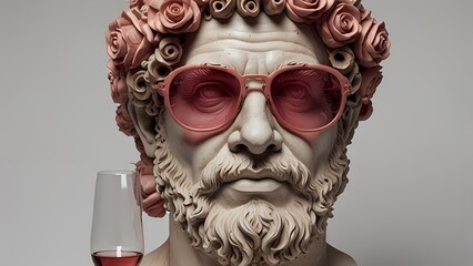 Ancient stone sculpture portrait of a man in a mask depicting a human head with cultural decoration