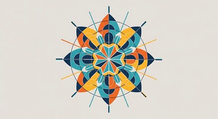 Abstract geometric mandala pattern with vibrant orange, yellow, and blue colors on a neutral background