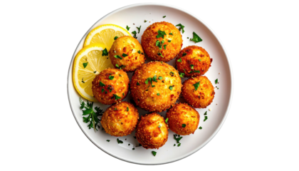 Golden, fried, round appetizers on a white plate with lemon slices