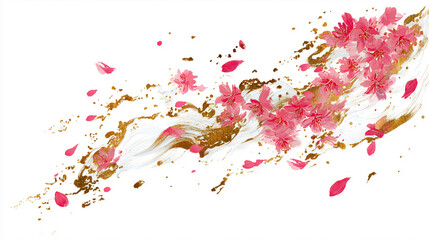 白背景に金の筆跡と桜が舞う、華やかで高級感あふれる和モダン背景