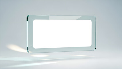 Transparent rectangular glass plate with rounded corners and white empty space floating above a light surface for design mockup or presentation