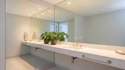 Modern minimalist bathroom interior with large mirror and green plants on white floating vanity