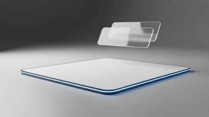 Futuristic digital display platform with glowing blue neon trim and floating transparent screens for product presentation or technology showcases