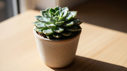 Echeveria succulent in a minimalist ceramic pot illuminated by bright sunshine on a textured wooden table