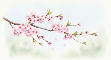 Delicate Blossom: A Watercolor Illustration of a Branch with Pink Cherry Flowers
