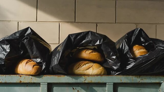 Discarded Bread Loaves in Garbage Bags Inside Dumpster