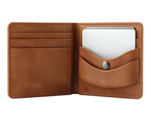 Opened brown leather wallet showing card slots and a single card