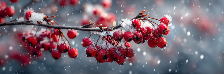 Snow covered red berries on a branch with ice and snowflakes falling. Winter landscape for Christmas holiday card and seasonal decoration.