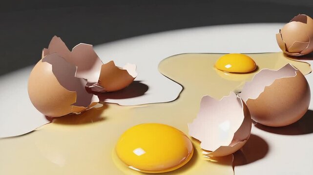Broken Eggs with Raw Yolks and Cracked Shells on Light Surface