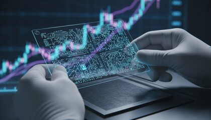 Scientific technician handles a thin glass panel containing complex microcircuitry patterns over a blurred stock market display