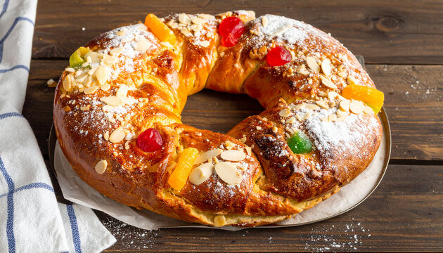 Rosc&oacute;n de Reyes artesano tradicional espa&ntilde;ol decorado con frutas escarchadas, almendras laminadas y az&uacute;car glas, en una mesa navide&ntilde;a con adornos de navidad