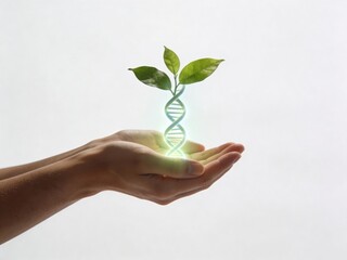 hand gently holding a transparent holographic DNA strand growing into green leaves, fusion of nature and biotechnology