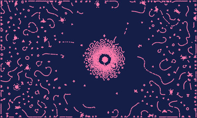 Abstract vector background with pink biological cells or bacteria dots on dark blue. Scientific medical illustration of microscopic life and virus texture. Digital technology particle pattern design.