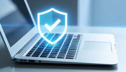 Cybersecure, worldwide internet network security technology, privacy digital data protection concepts. Safety shield icon hologram appears while person work with digital tablet computer, blue tone.