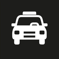 Obraz premium Taxi Front View White Icon Flat. Vector Isolated on Black Background
