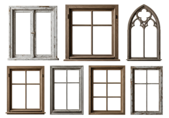 Eight distinct vintage weathered pine and oak wooden window frames, including gothic arched designs, flat lay on a transparent studio background, showcasing architectural salvage. Concept of home