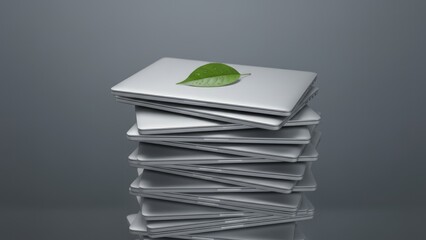 Sustainable Green Data Center Concept - Minimalist Composition of Green Leaf on Silver Laptops
