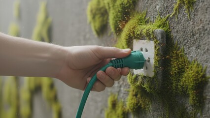 Connecting Green Power Cord in Mossy Wall Socket - Sustainable Green Data Center Concept