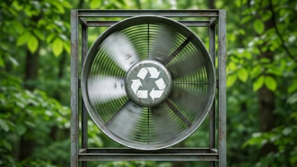 Sustainable Green Data Center Concept - Photorealistic Image of Industrial Fan with Recycling Symbol Spinning in Front of Green Foliage Background