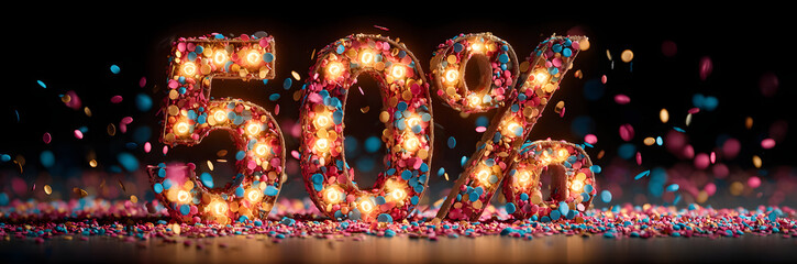 Large glowing 50 percent sign with falling confetti. Discount or promotion concept for sale advertisement with bright illumination.