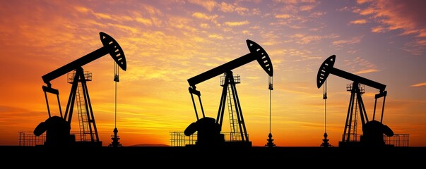 Working pumpjacks at sunrise, silhouetted against the horizon, representing oil drilling activity and the growth of oil drilling companies, Generative AI