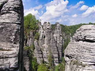The Bastei is a rock formation rising 194 metres (636 ft) above the Elbe River in the Elbe Sandstone Mountains of Germany. 