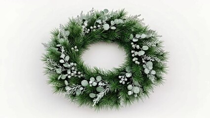 DEEP GREEN FROSTED BOTANICAL WREATH, SUBTLE GLOSS, 3D STYLE ON WHITE