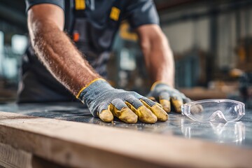 Man stands near workbench with protective gloves and safety glasses. Industrial worker ready for action in manufacturing workshop.