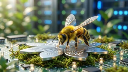 Futuristic Harmony: Bee Landing on Flower-Shaped Microchip in Sustainable Green Data Center - Photorealistic 8K Image