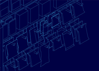 A blueprint's contour lines map snack shelf architecture with organized box modules. This efficient layout maximizes storage and visual appeal. Isometric view