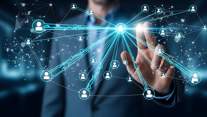 Businessman interacting with glowing network connections