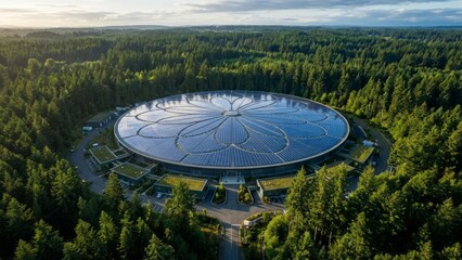 Eco-Friendly Green Data Center with Solar Panels on Circular Roof Surrounded by Evergreen Forest - High Dynamic Range Aerial View