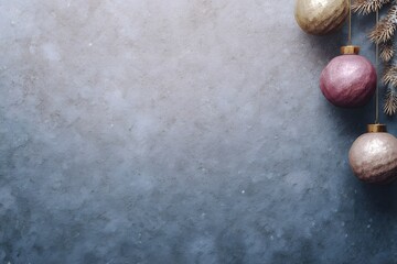 Three Christmas ornaments hang from pine branches on the right side against a textured gray background.