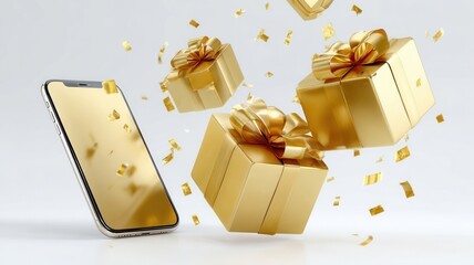 Smartphone with elegant gift boxes floating around, representing e commerce, loyalty programs, online festive and promotions