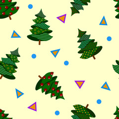 Stylized decorated Christmas trees. Seamless pattern for wrapping gift paper, fabric, wallpaper, and more.
