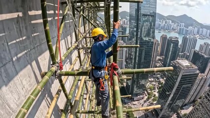 Construction worker on bamboo scaffolding high above city skyline