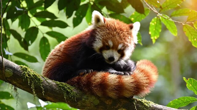 Red Panda Grooming Tail on Tree Branch