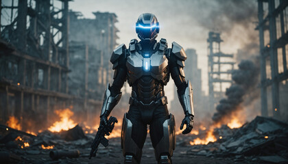 Fototapeta premium A Photorealistic Digital Painting Of A Futuristic Soldier In Advanced Power Armor, Standing In A War-torn City.