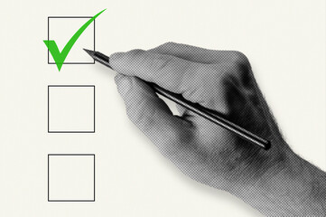 Halftone collage of hand with pencil voting. Hand in dotted marking vote box with checkmark.